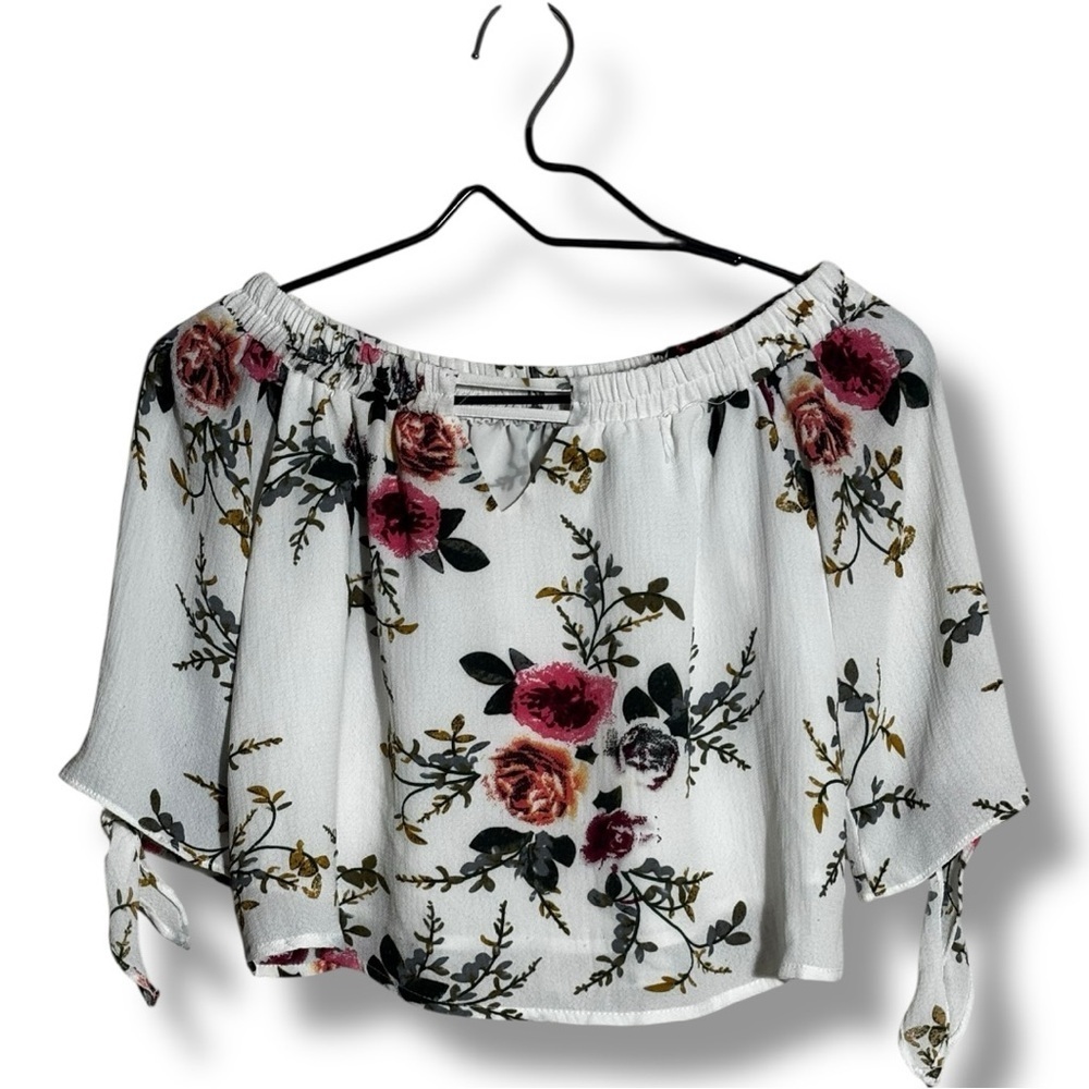 Unbranded Chic White Cotton Blend Floral Off-Shoulder 3/4 Tie Sleeves Blouse - Picture 14 of 16